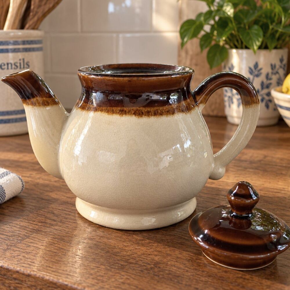 Vintage Brown Cream Glazed Stoneware Teapot w Lid Rustic Farmhouse Pottery